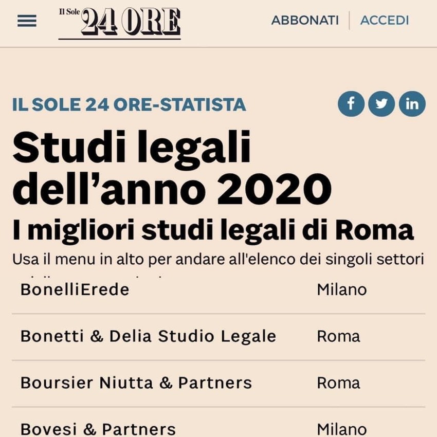 Studio Legale Bonetti & Delia tra i migliori dell'anno
